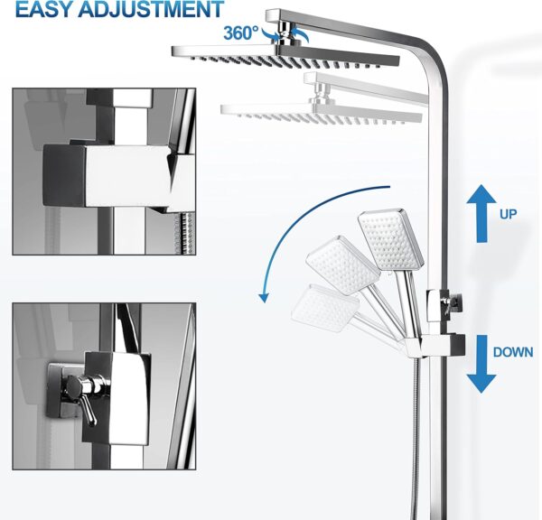 Ronvie Shower System Thermostatic Set, Chrome Shower Riser Rail Mixer with Adjustable Rainfall Shower Head, Scalding Protection Shower Tap, Anti-Kink Shower Pipe
