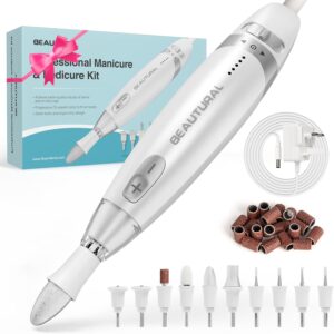 BEAUTURAL Electric Manicure, Nail Drill Kit, Electric Nail File Set Machine with 10 Attachments & 20 Sanding Bands, Efile Manicure Pedicure Tools with Storage Case, LED Light