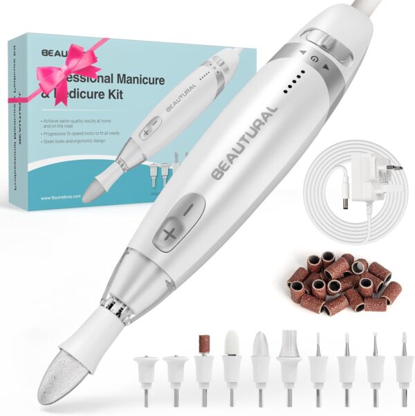 BEAUTURAL Electric Manicure, Nail Drill Kit, Electric Nail File Set Machine with 10 Attachments & 20 Sanding Bands, Efile Manicure Pedicure Tools with Storage Case, LED Light