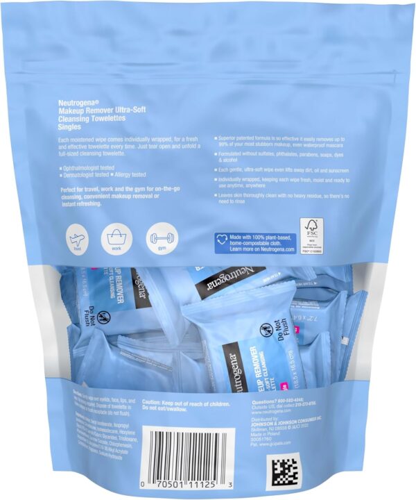 Neutrogena Makeup Remover Cleansing Towelette Singles, Daily Face Wipes To Remove Dirt, Oil, Makeup & Waterproof Mascara, Individually Wrapped, 20 Count