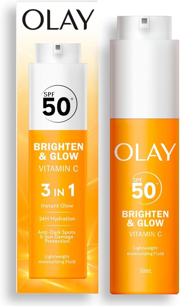 719SUbwxZAL._AC_SL1500_.jpg Olay Vitamin C Brighten & Glow 3in1 Moisturising Fluid SPF50+ Hydrating Skincare Moisturiser and Primer with Niacinamide, Provides Hydration, Glow, UV Protection, and Helps Correct Dark Spots, 50ml