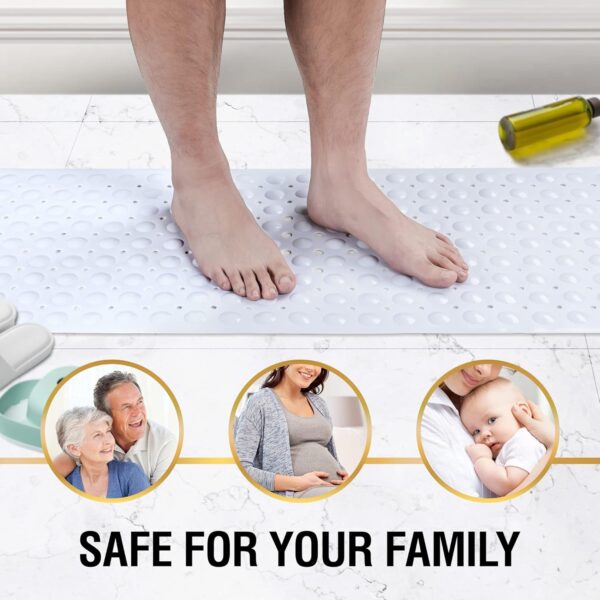 HITSLAM Non Slip Bath Mat for Tub, 101 x 40cm Extra Long Shower Mat Anti Mould, Machine Washable Bathroom Bathtub Mat with Suction Cups and Drain Holes, Soft on Feet, White