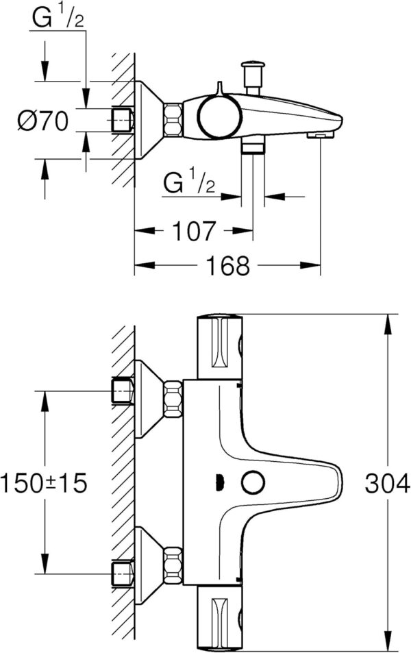 GROHE Grohtherm 800 - Wall Mounted Exposed Bath Thermostat (Automatic Bath/Shower Diverter, Safety Button at 38°C, Built-In Non-Return Valves), Chrome, 34569000