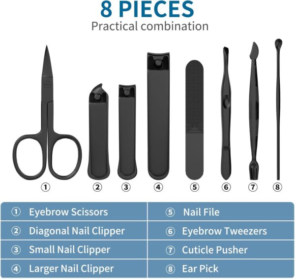 OFIDUS Precision 8 Pieces Men’s Nail Grooming Travel Kit, Stainless Steel Manicure Set with Fingernail & Toenail Clippers, Nail File, Slant Tip Tweezers, Cuticle Scissors