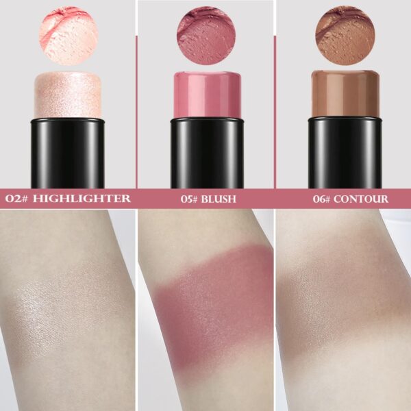 3Pcs Contour Highlighter Blush Sticks with Brush - Cream Contour Bronzer Stick for Cheeks Eyes Lips, Long Lasting Waterproof Smooth Makeup Sticks for All Skin Type Face Makeup
