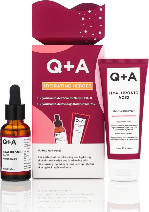 Q+A Hydrating Heroes Skincare Gift Set – A Giftset with Hyaluronic Acid Facial Serum 30ml, Daily Moisturiser 75ml for Dry, Dehydrated Skin, Vegan, Cruelty-Free, for Soft, Supple Complexion