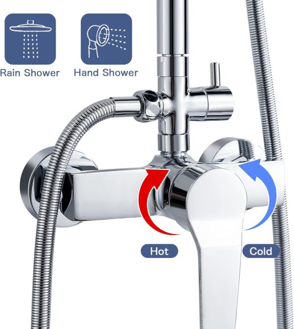 Coleniny Shower System with Diverter Chrome, Shower Mixer Set with 21cm Round Overhead Rainfall Shower Head, 3-Function Handheld Shower, Riser Rail, Adjustable Height Anti Scald Shower Set
