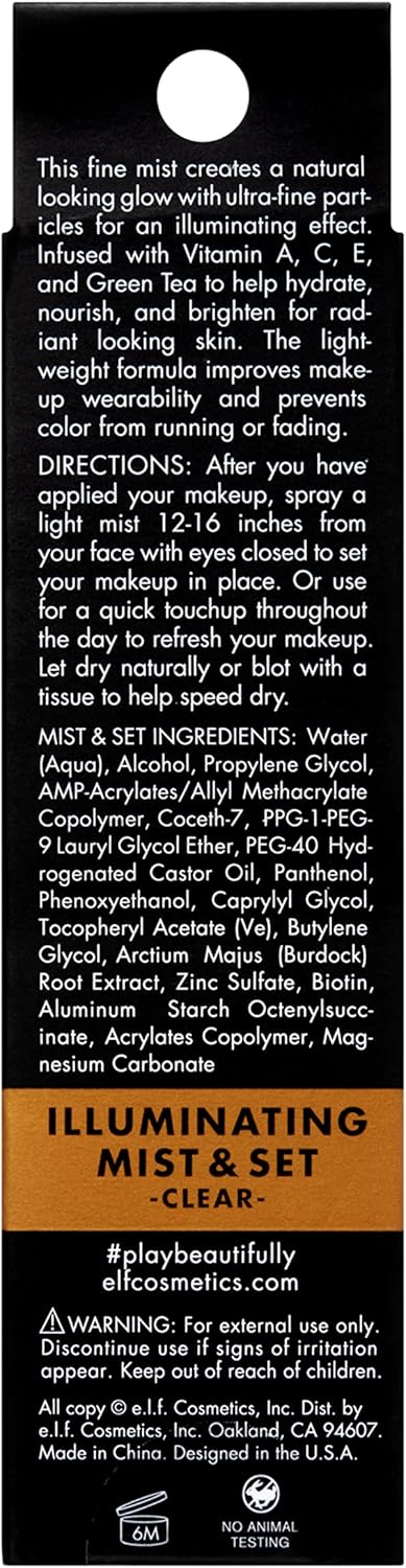 e.l.f. Illuminating Mist & Set Spray, Refreshing, hydrating, Sets Makeup and Achieves a Glowy Look, 60ml, Infused with green tea, and vitamins A, B and C