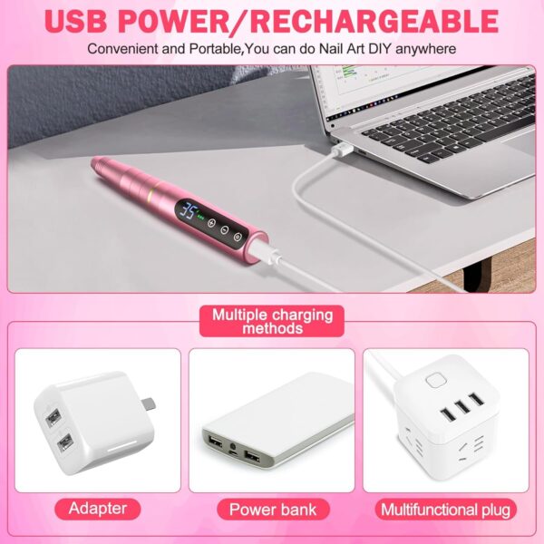 NAILGIRLS Rechargeable Cordless Nail Drill Machine, Portable Electric 35000RPM Professional File for Acrylic Gel Nails, Efile Manicure Pedicure Polishing, Pink