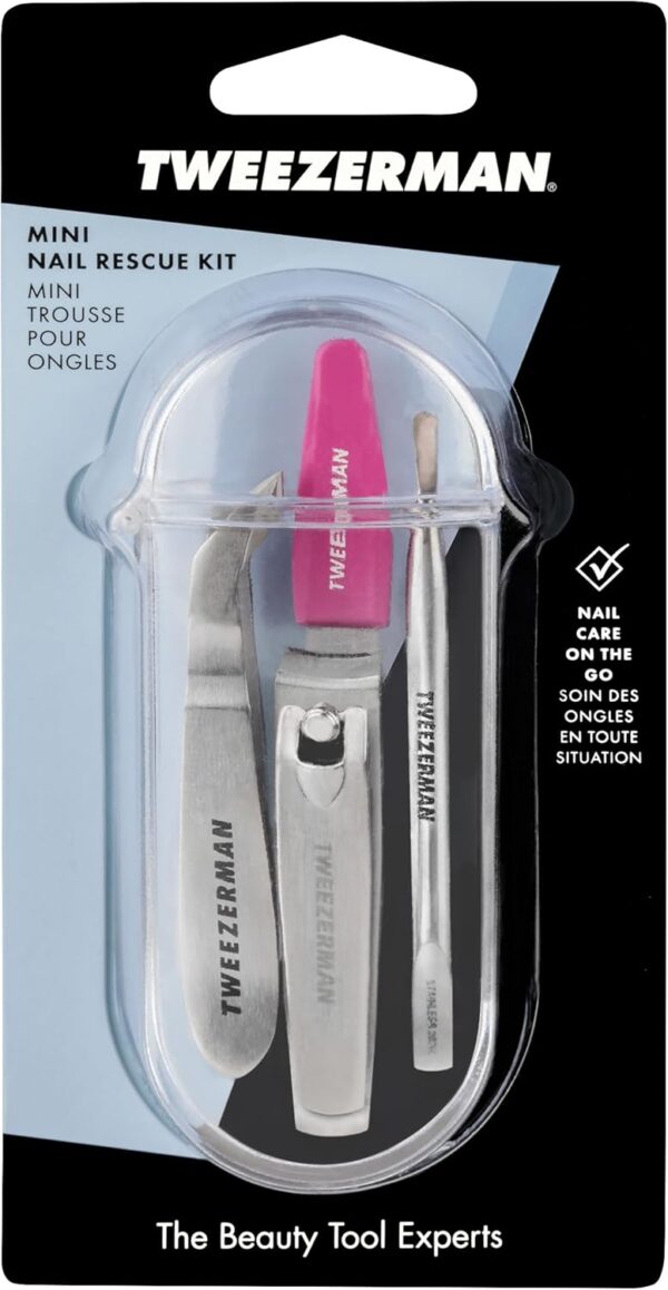 Tweezerman Mini Nail Rescue Kit - Travel Small Manicure Set with Mini Fingernail Clipper, Pushy & Nail Cleaner, Cuticle Nipper, and Nail File, Ideal for Travel and All Your Nail Care Needs