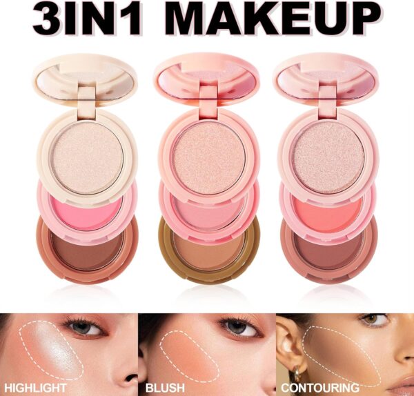 Erinde Mini Highlighter, Bronzer & Blush Powder Palette, Matte Shimmer Powder Makeup, Tiny Face Palette with Mirror All in One, Blendable, Travel Friendly, Cruelty Free, 3 Colours