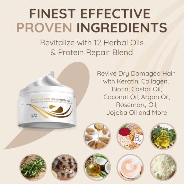 Vitamins Hair Mask Keratin Treatment - Biotin Castor and Coconut Oil Deep Conditioner for Thick Coarse Hair - Protein Repair Product for Coloured Dry Damaged Curly Wavy & Straight Locks
