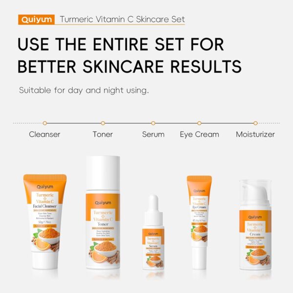 Quiyum Turmeric Vitamin C Skincare Set, Face Skin Care Sets & Kits Facial Cleanser,Toner,Serum,Eye Cream,Face Cream, Pamper Gift Set for Women Teenage Girls Mom Birthday, Travel Kit for All Skin Types