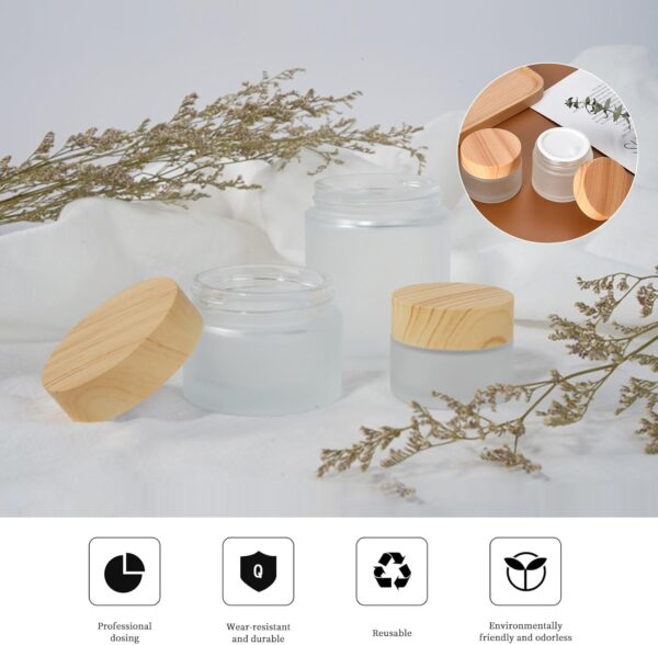 8 Pcs Frosted Clear Glass Cosmetic Jars with Wood Grain Plastic Lids & Inner Liners – 20ml & 30ml Refillable Travel Pots for Creams, Lip Balm, Makeup, Powder, Lotion, and Nail Products