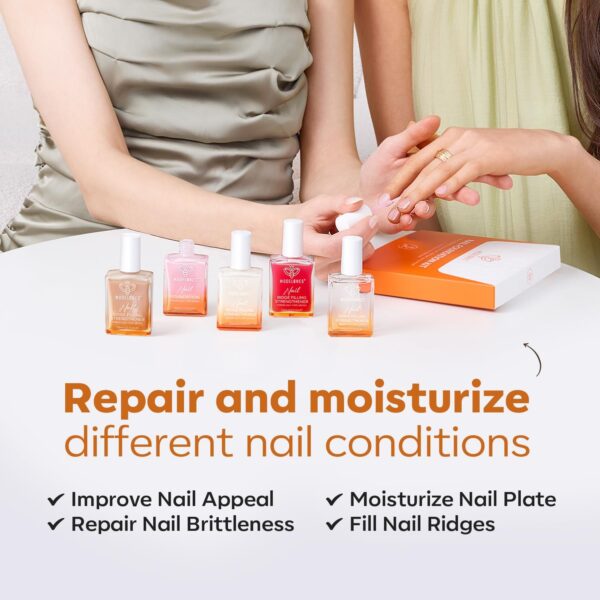 Modelones Nail Care 8 in one Ridge Filling Strengthener Treatment, Nail Polish Strengthener for Damaged and Weak Nails, Nail Hardener Extra Strong and Growth Smoothing Glitter Nude Nail Varnish 15ml