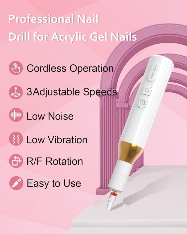 Electric Cordless Nail Drill Files:Professional Nail Drill for Acrylic Nails Gel Protable Efile Manicure Kit Rechargeable Wireless Drill Machine for Acrylic Polish Women,White