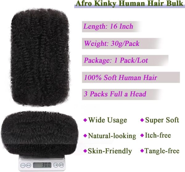 Kackanaa 16 Inch Afro Kinky Curly Human Hair Bulks for Dreadlock Extensions 1 Pack Marley Twist Hair Bulk for Mini Twist Repair Locs Springy Afro Twist Human Hair Bulk, 30g /Pack