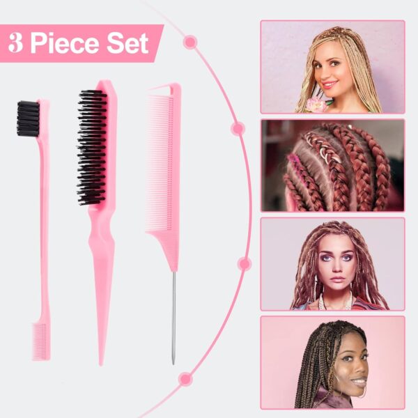 3 Pcs Slick Back Hair Brush with Rat Tail Comb, Edge Brush, Bristle Brush, Teasing Brush Set for Sleek Ponytail/Bun, Edge Control and Smoothing Baby Hair & Flyaways - Pink