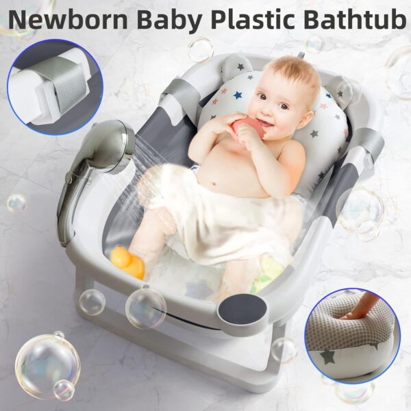 Baby Bath Tub Foldable Bathtub, Collapsible Toddler Bath Tubs with Baths Support Cushion Pad Seat Mat, Anti-Slip Portable Travel Shower Bathing Basin Folding Bathtubs for Newborn Toddler Infant (Grey)