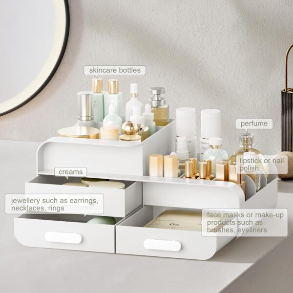 BTGGG Makeup Organiser Cosmetics Skincare Storage with Drawers Beauty Organiser for Vanity Jewelry Organizer Multifuctional Make Up Storage Box for Dressing Table Bedroom Bathroom, White