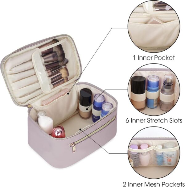 Makeup Bag Travel with Brush Compartment, Large PU Leather Cosmetic Organizer Case with Handle, Water-Resistant for Women, Purple (Patent Pending)