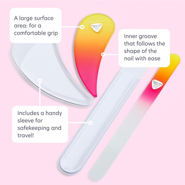 Bona Fide Beauty Czech Glass Nail File Set, 2Pc Ergonomic Fingernail File Set with Protective Sleeves (Sunset Color)