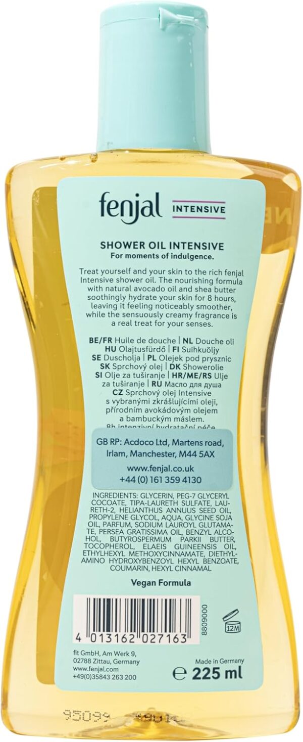 Fenjal Intensive Shower Oil, Lightly Foaming Milk, Smooth & Hydrating, Bergamot & Vanilla, 225 ml