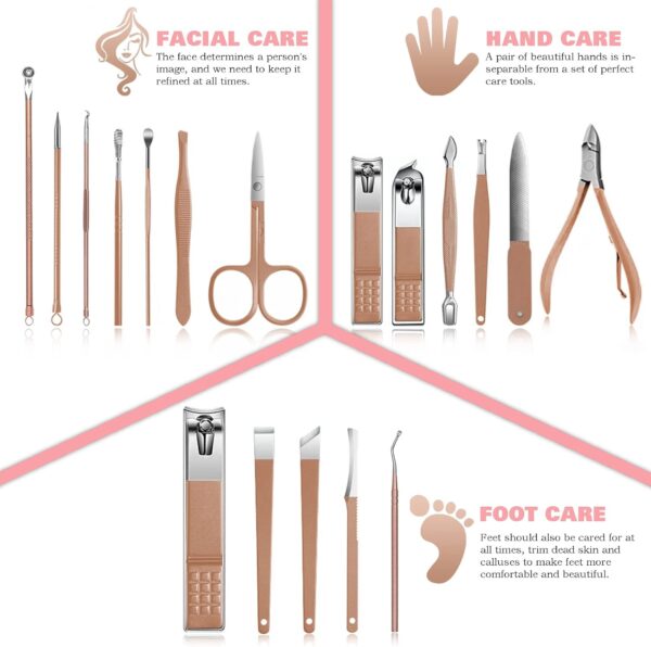 Manicure Set Professional Nail Clippers Kit Pedicure Care Tools with Zipped Bag for Women - 18 in 1 Grooming Tools Kit for Travel & Home（Rose Gold）