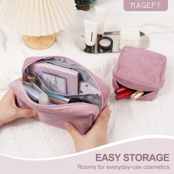 MAGEFY Makeup Bag 2 Pcs Small Makeup Bag for Handbag Corduroy Make up Bag with Compartments Travel Makeup Pouch for Girls Women (Pink)