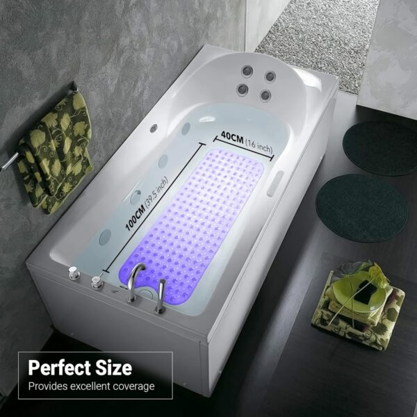 ADOV Bath Mat Non Slip, 100x40cm Extra Long Shower Mat Anti Mould, Anti-Bacterial Bathtub Mats, 200 Strong Suction Cups and Drain Holes, Mildew Resistant Machine Washable Bathroom Kids Mat - Purple