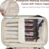 Makeup Bag Travel with Brush Compartment, Large PU Leather Cosmetic Organizer Case with Handle, Water-Resistant for Women, Green (Patent Pending)
