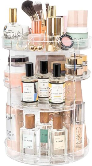 V-HANVER Acrylic Makeup Organiser, Cosmetic Storage and Vanity Perfume Organisers in Countertop Bathroom Dresser, 360 Rotating Makeup Holder Stand for Beauty Caddy Skincare & Clear