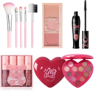Complete Makeup Set for Women with 5PCS Brushes - Includes Mascara, Lipstick, Eyeshadows, Blusher Palette - Ideal for Teenage Girls and Beginners