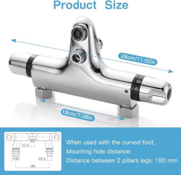 Thermostatic Bath Shower Mixer Tap, AIMOYO Deck Mounted Thermostatic Bath Tub Taps, Solid Brass Thermostatic Bathtub Shower Mixer Bar Valve, Thermostatic Bath Mixer Taps with Shower, 180mm