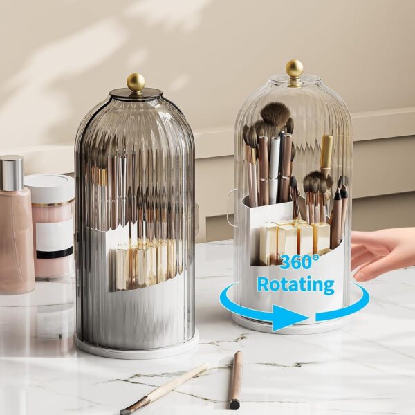 STORICANS Makeup Brush Holder Rotating Organiser with Clear Lid，Sliding Opening Dustproof Makeup Brush Case Make up Organizer Storage for Dressing Table Organiser,Vanity,White
