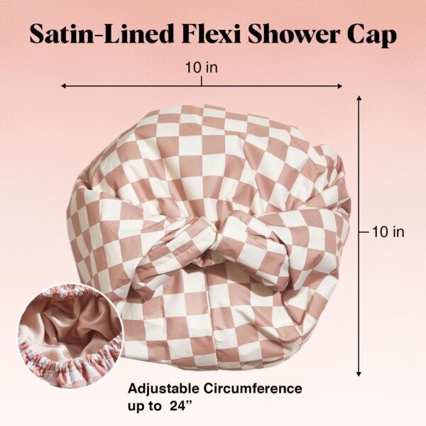 Kitsch Love & Comfort 2PC Spa Set - Satin Lined Reusable Waterproof Shower Cap and XL Quick Dry Hair Towel Wrap for Women, Microfiber Towel, Flexi Shower Cap For All Hair Types - Terracotta Checker