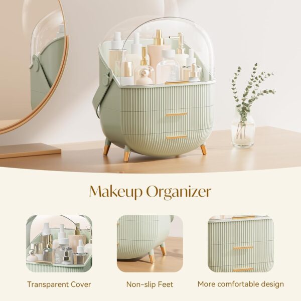 SIOOUI Makeup Organiser for Vanity, Portable Waterproof Dustproof Bathroom Organizer and Storage with Lid, Cosmetic Display Case Skincare Organizers (Mint Green)