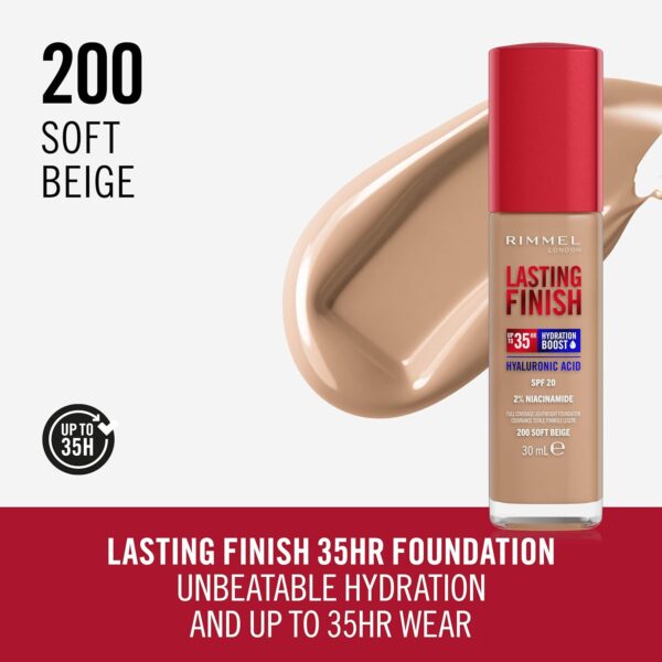 Rimmel Lasting Finish 35Hr Foundation 200 Soft Beige, Full Coverage, Hydrating, SPF20, Hyaluronic Acid, Vitamin E, 2% Niacinamide, All Day Wear, Vegan, Cruelty Free