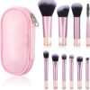 10 Pcs Travel Makeup Brush Set Pink Mini Makeup Brushes Travel Size With Pack Portable Small Eyeshadow Eye Lipstick Foundation Brush Shadow Contour Blush Concealer