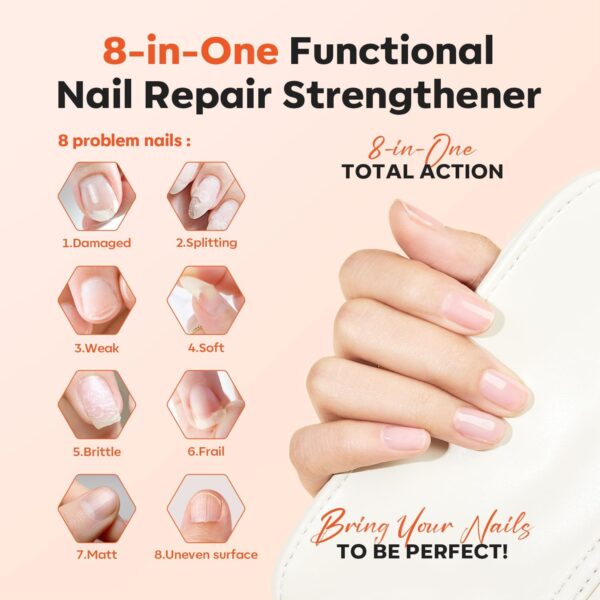 Modelones Nail Care 8 in one Ridge Filling Strengthener Treatment, Nail Polish Strengthener for Damaged and Weak Nails, Nail Hardener Extra Strong and Growth Smoothing Base Coat White Nail 15ml
