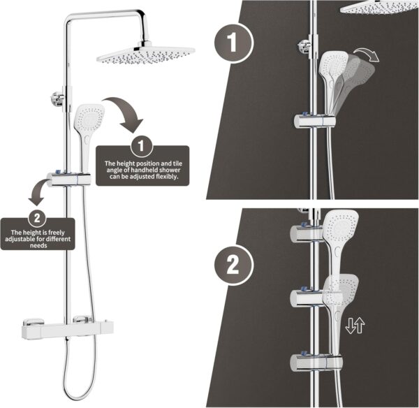 PURAGEIR Shower Mixer Set, Thermostatic Shower Set with 3 Functions Hand Shower, Shower Bar Set with Adjustable 8'' Overhead Rainfall Shower,Square Shape,Chrome