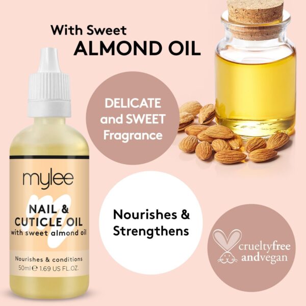 Mylee Sweet Almond Nail & Cuticle Oil 50ml, – Deeply Hydrating & Nourishing Cuticle Conditioner Oil, Non-Greasy Formula and Leaves No Sticky Residue, Lightly Scented With Almond Oil