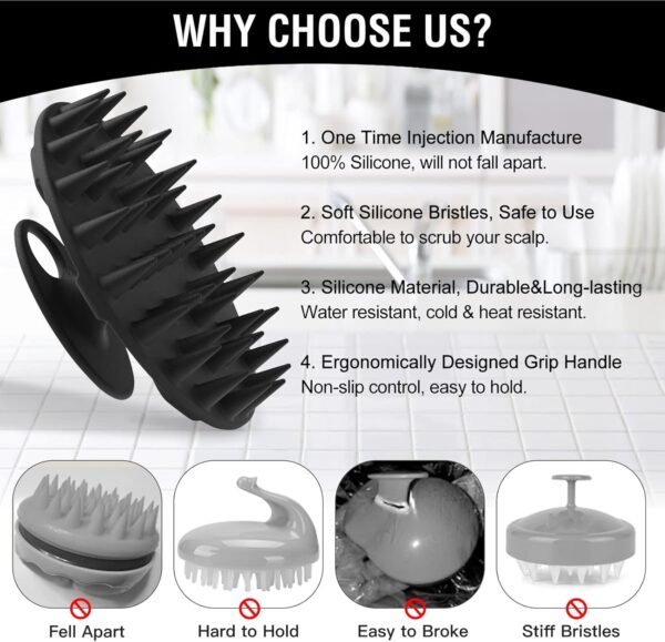 BEAUTAIL 1 Pack Silicone Body Scrubber Bath Shower Brush and 1 Pack Silicone Scalp Massager Shampoo Brush, Black