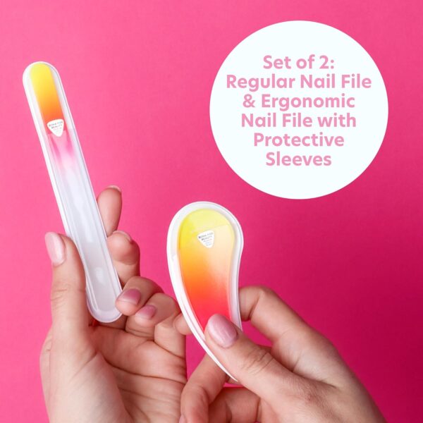 Bona Fide Beauty Czech Glass Nail File Set, 2Pc Ergonomic Fingernail File Set with Protective Sleeves (Sunset Color)
