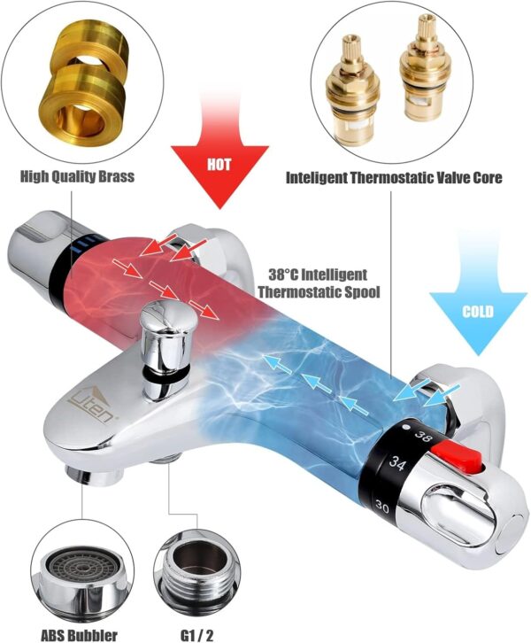 71GHgVlGGSL._AC_SL1500_.jpg Chrome Thermostatic Bath Shower Mixer, Uten 38°C Safety Lock Anti-Scald, Thermostatic Shower Valve with Bath Filler Spout, Chrome Modern Mixer Tap Style