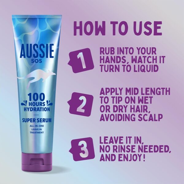 Aussie Super Serum Leave In Conditioner Hair Serum Treatment, For Dry, Damaged Hair. 100 Hours of Hydration, Smooth, Soften, Detangle, Prevent Split Ends and Boost Shine, 160ml
