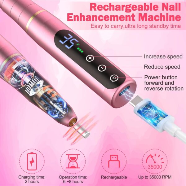 NAILGIRLS Rechargeable Cordless Nail Drill Machine, Portable Electric 35000RPM Professional File for Acrylic Gel Nails, Efile Manicure Pedicure Polishing, Pink