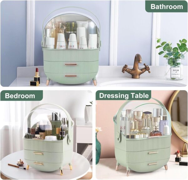 SIOOUI Makeup Organiser for Vanity, Portable Waterproof Dustproof Bathroom Organizer and Storage with Lid, Cosmetic Display Case Skincare Organizers (Mint Green)