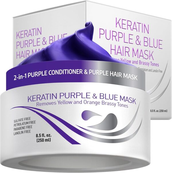 Vitamins Keratin Purple Hair Mask - Violet Blue Protein Deep Conditioner Treatment - Toner for Blonde Platinum Silver Grey Ash or Brown Coloured Dry and Damaged Brassy Hair