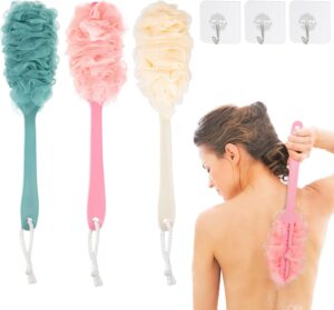 Long Handle Bath Brush with Soft Mesh Shower Body Brushes Back Scrubber with 3 Hooks Body Brush for Exfoliating and Removing Dead Skin 3 Pieces